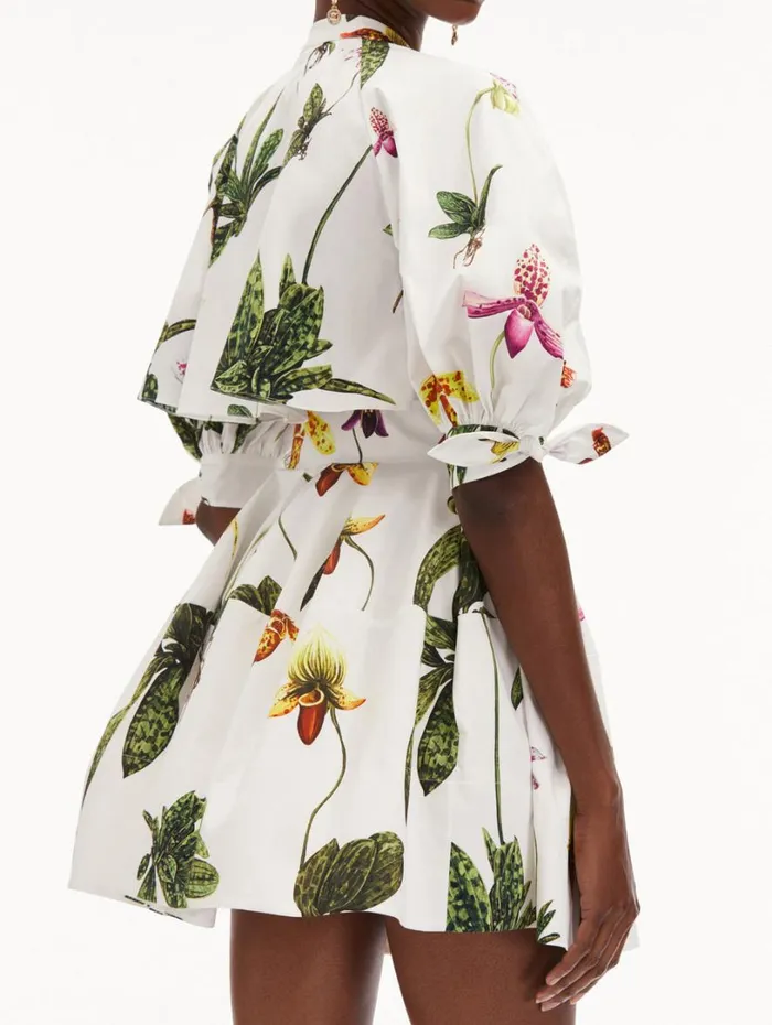 Oscar De La Renta Orchid Cotton Poplin Puff Sleeve Dress White Multi Women Dresses Oscar De La Renta Orchid Cotton Poplin Puff Sleeve Dress White Multi Women Dresses