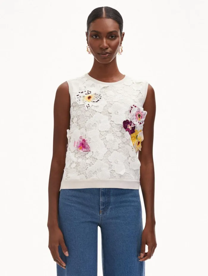 Oscar De La Renta Orchid Threadwork Inset Tank White Multi Women Blouses and Knits Oscar De La Renta Orchid Threadwork Inset Tank White Multi Women Blouses and Knits