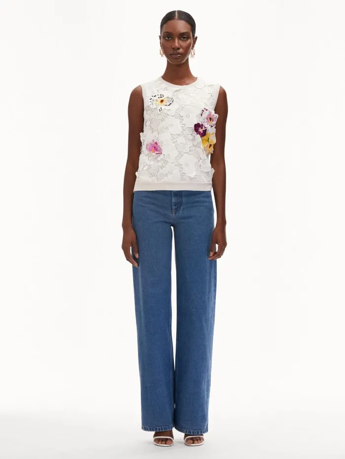Oscar De La Renta Orchid Threadwork Inset Tank White Multi Women Blouses and Knits Oscar De La Renta Orchid Threadwork Inset Tank White Multi Women Blouses and Knits