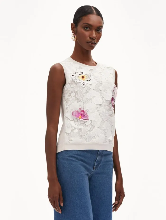 Oscar De La Renta Orchid Threadwork Inset Tank White Multi Women Blouses and Knits Oscar De La Renta Orchid Threadwork Inset Tank White Multi Women Blouses and Knits