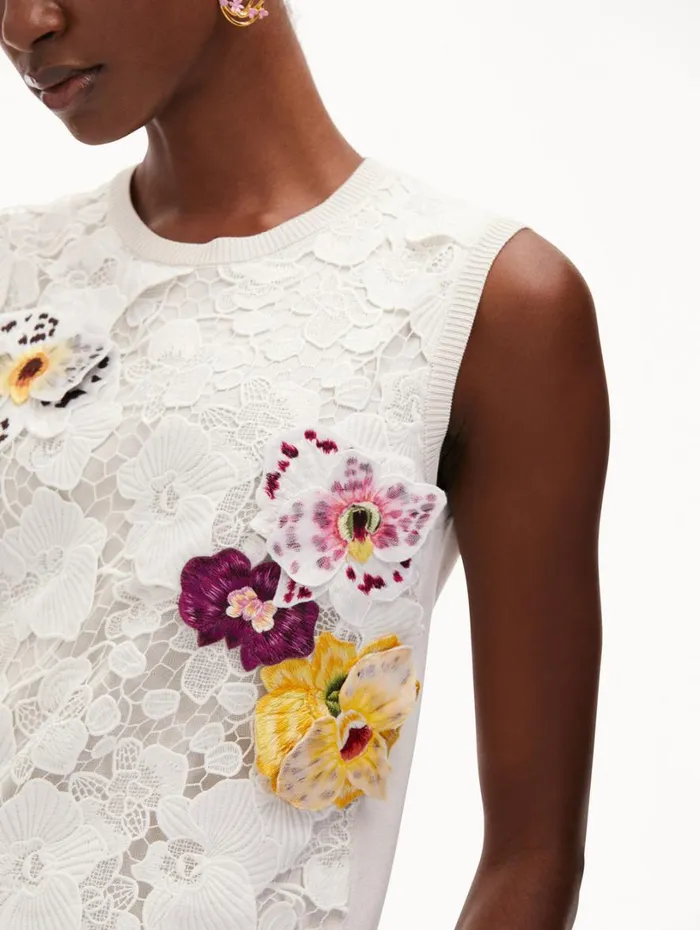 Oscar De La Renta Orchid Threadwork Inset Tank White Multi Women Blouses and Knits Oscar De La Renta Orchid Threadwork Inset Tank White Multi Women Blouses and Knits