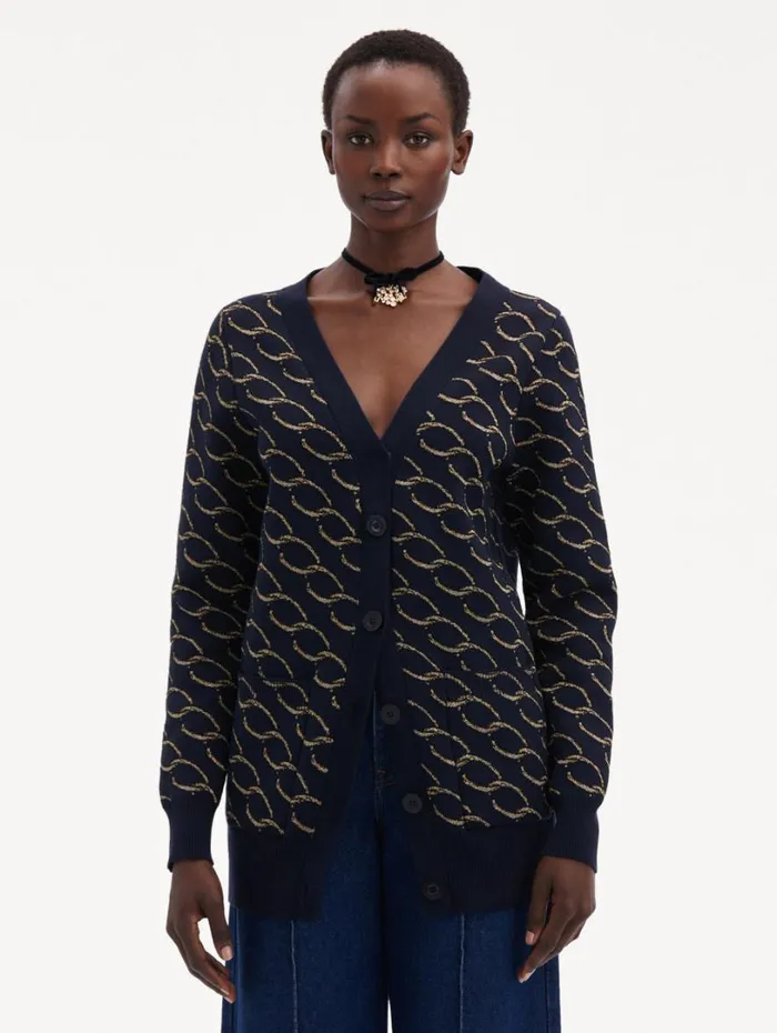 Oscar De La Renta Oscar ChainLink Long Cardigan Navygold Women Blouses and Knits Oscar De La Renta Oscar ChainLink Long Cardigan Navygold Women Blouses and Knits