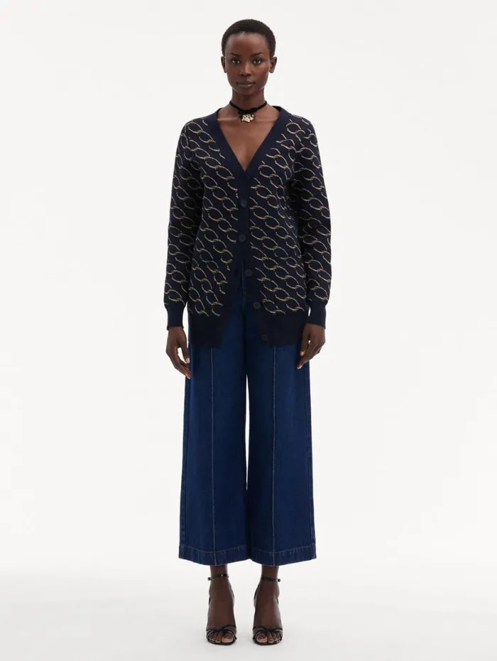 Oscar De La Renta Oscar ChainLink Long Cardigan Navygold Women Blouses and Knits Oscar De La Renta Oscar ChainLink Long Cardigan Navygold Women Blouses and Knits