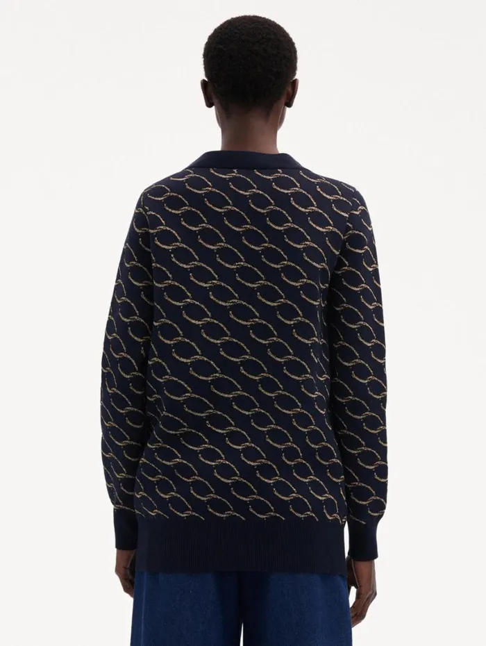Oscar De La Renta Oscar ChainLink Long Cardigan Navygold Women Blouses and Knits Oscar De La Renta Oscar ChainLink Long Cardigan Navygold Women Blouses and Knits