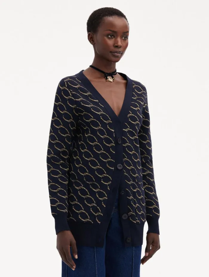 Oscar De La Renta Oscar ChainLink Long Cardigan Navygold Women Blouses and Knits Oscar De La Renta Oscar ChainLink Long Cardigan Navygold Women Blouses and Knits