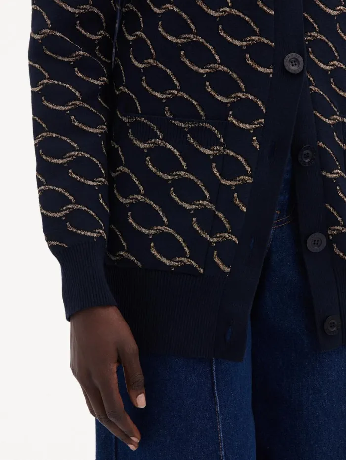 Oscar De La Renta Oscar ChainLink Long Cardigan Navygold Women Blouses and Knits Oscar De La Renta Oscar ChainLink Long Cardigan Navygold Women Blouses and Knits