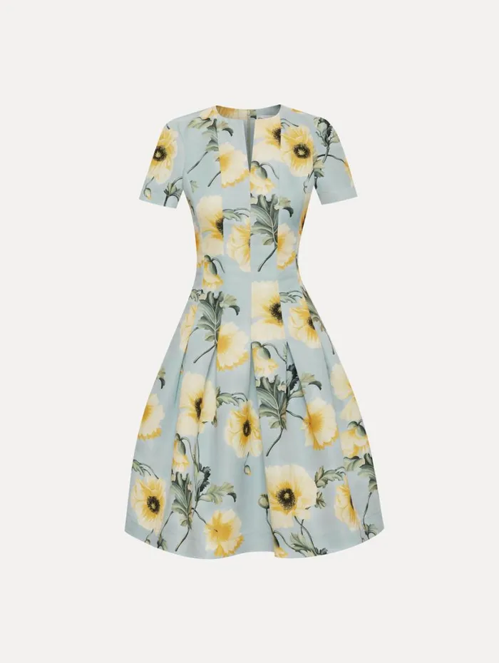 Oscar De La Renta Poppy Faille Split Neck Dress Sage Yellow Women Dresses
