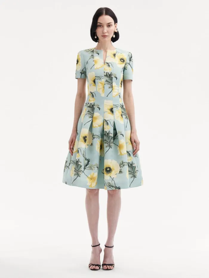 Oscar De La Renta Poppy Faille Split Neck Dress Sage Yellow Women Dresses Oscar De La Renta Poppy Faille Split Neck Dress Sage Yellow Women Dresses