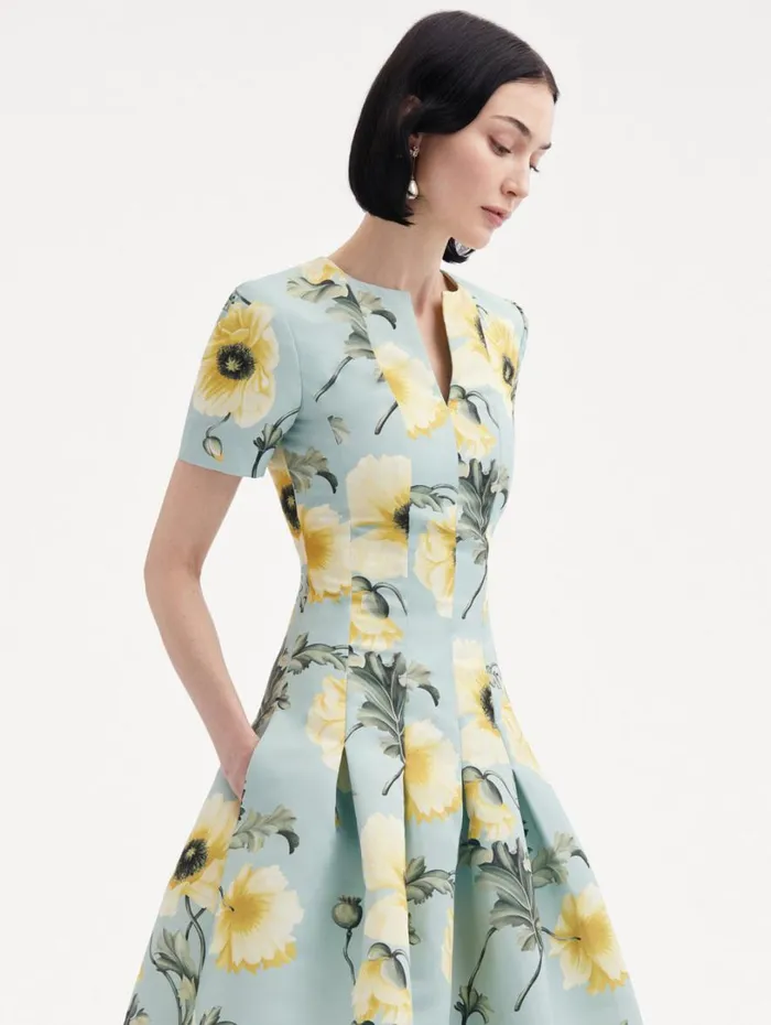 Oscar De La Renta Poppy Faille Split Neck Dress Sage Yellow Women Dresses Oscar De La Renta Poppy Faille Split Neck Dress Sage Yellow Women Dresses
