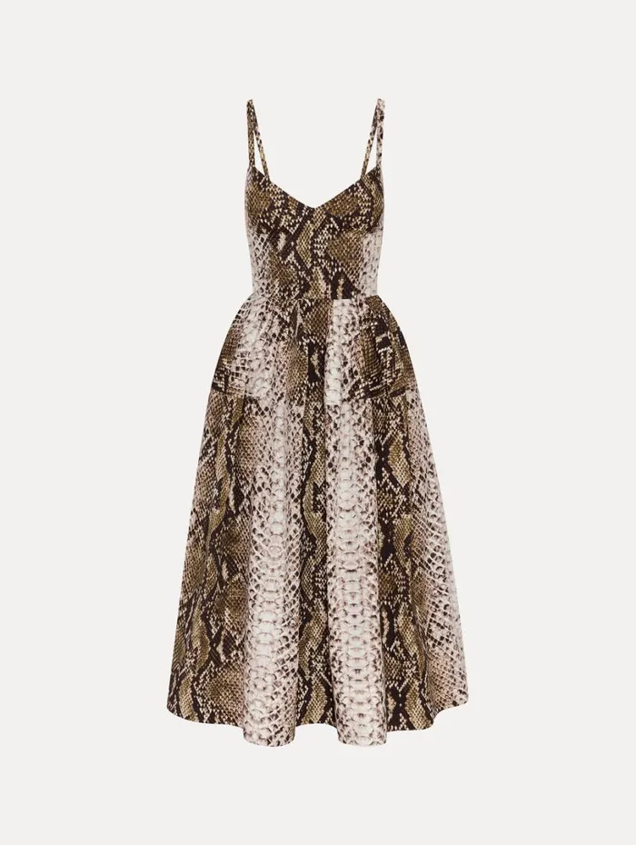 Oscar De La Renta Snake Cotton Poplin Dress Olive Women Dresses