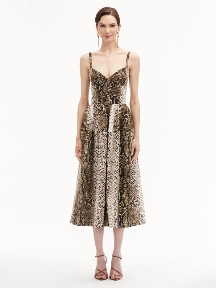 Oscar De La Renta Snake Cotton Poplin Dress Olive Women Dresses Oscar De La Renta Snake Cotton Poplin Dress Olive Women Dresses