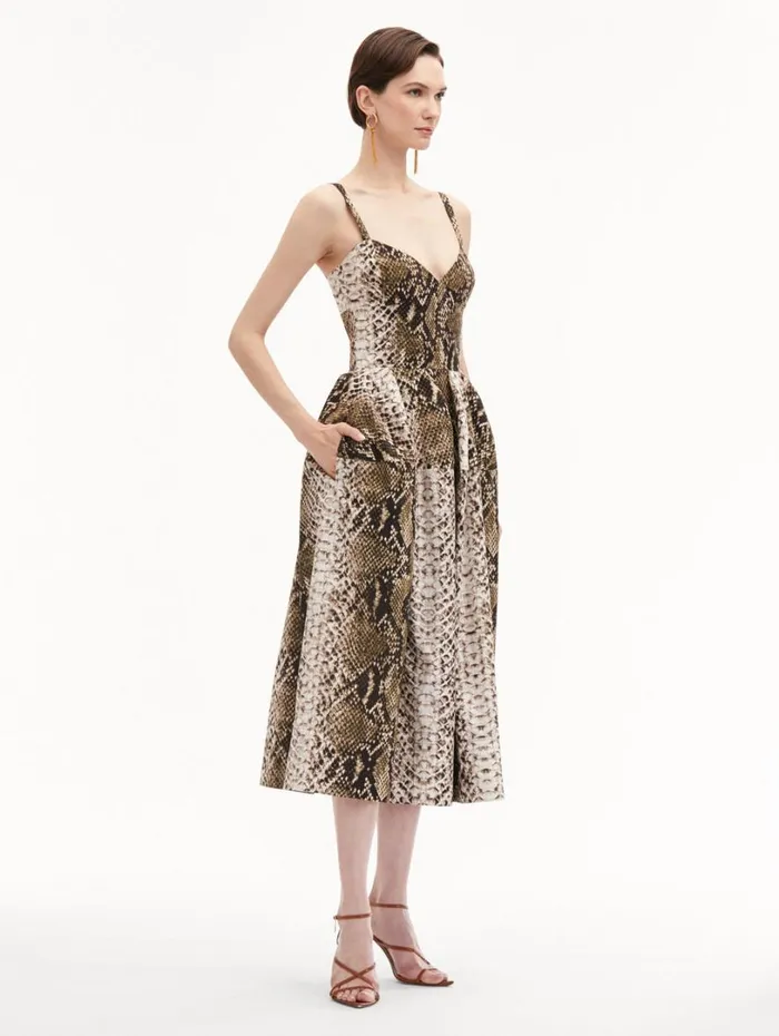 Oscar De La Renta Snake Cotton Poplin Dress Olive Women Dresses Oscar De La Renta Snake Cotton Poplin Dress Olive Women Dresses