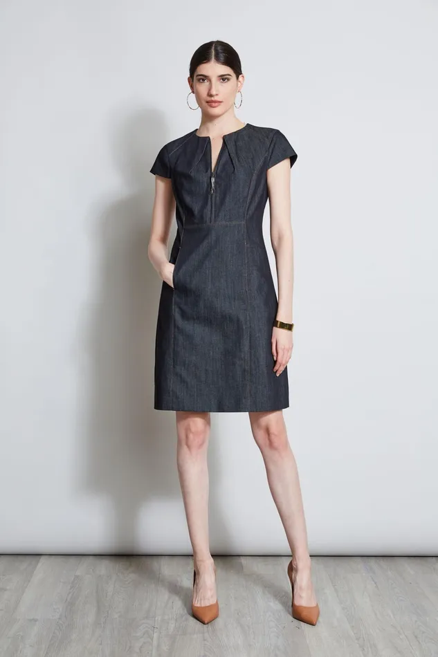Outlet 8211 Women Dresses and Jumpsuits Elie Tahari Denim Fit and Flare Zip Dress Indigo