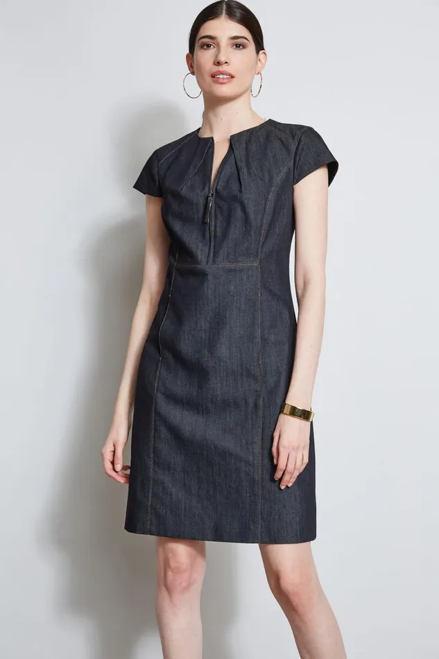 Outlet 8211 Women Dresses and Jumpsuits Elie Tahari Denim Fit and Flare Zip Dress Indigo