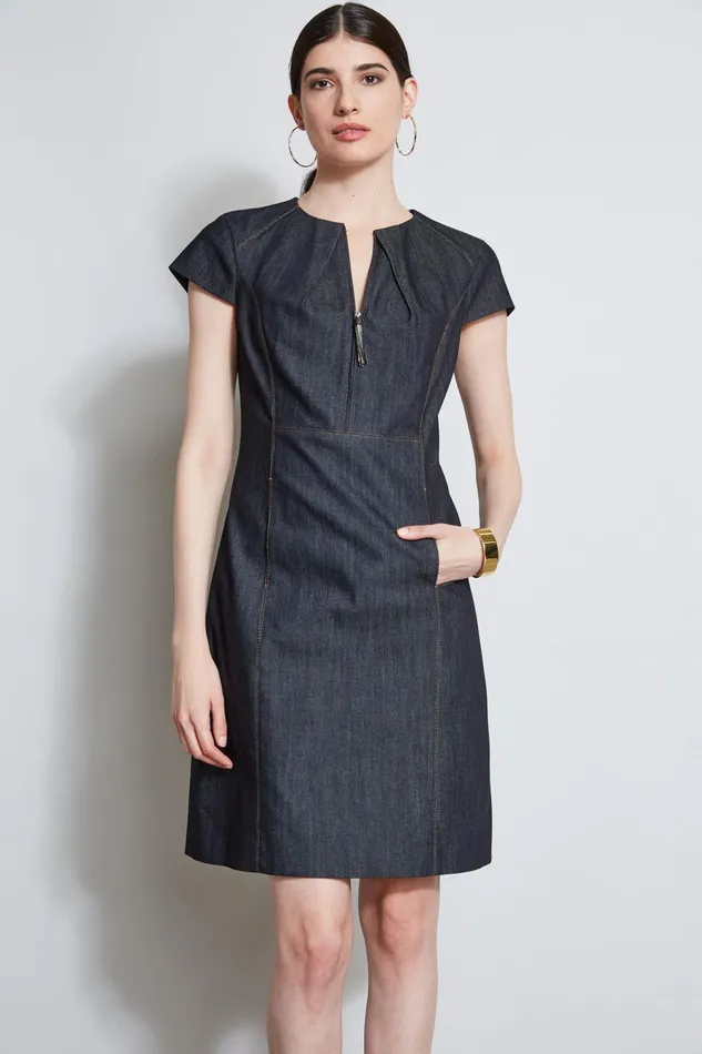 Outlet 8211 Women Dresses and Jumpsuits Elie Tahari Denim Fit and Flare Zip Dress Indigo