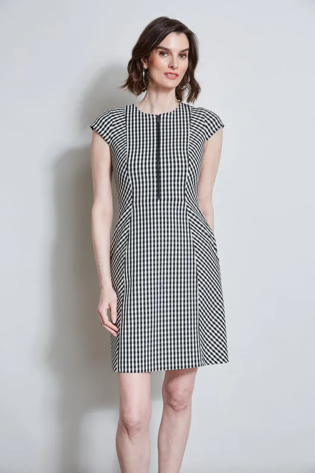 Outlet 8211 Women Dresses and Jumpsuits Elie Tahari Gingham Fit and Flare Dress Blackwhite