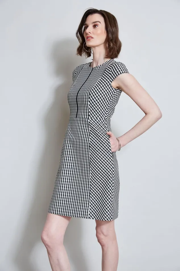 Outlet 8211 Women Dresses and Jumpsuits Elie Tahari Gingham Fit and Flare Dress Blackwhite