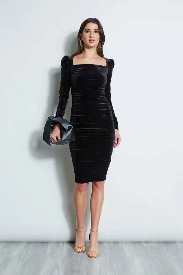 Outlet 8211 Women Dresses and Jumpsuits Elie Tahari Ruched Velvet Square Neck Dress Black