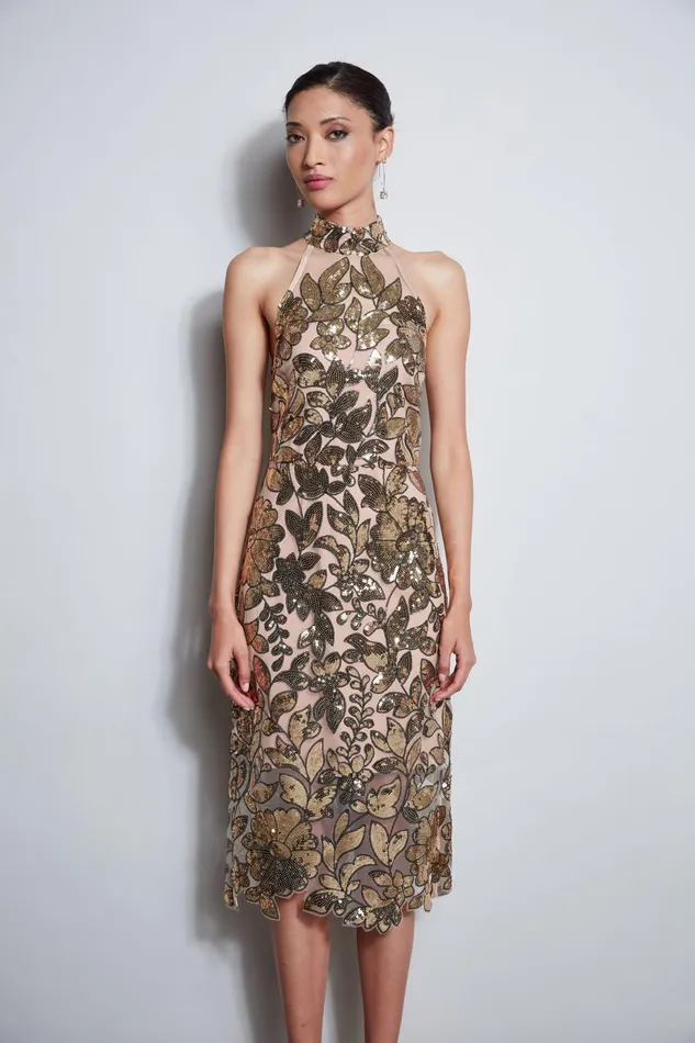 Outlet 8211 Women Dresses and Jumpsuits Elie Tahari Sequin Floral Halter Dress Gold Multi