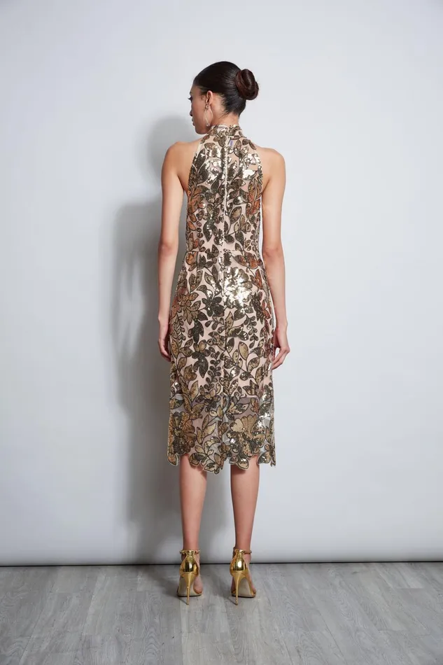 Outlet 8211 Women Dresses and Jumpsuits Elie Tahari Sequin Floral Halter Dress Gold Multi