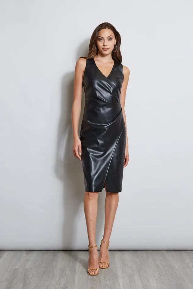Outlet 8211 Women Dresses and Jumpsuits Elie Tahari Vegan Leather Ruched Wrap Dress Noir