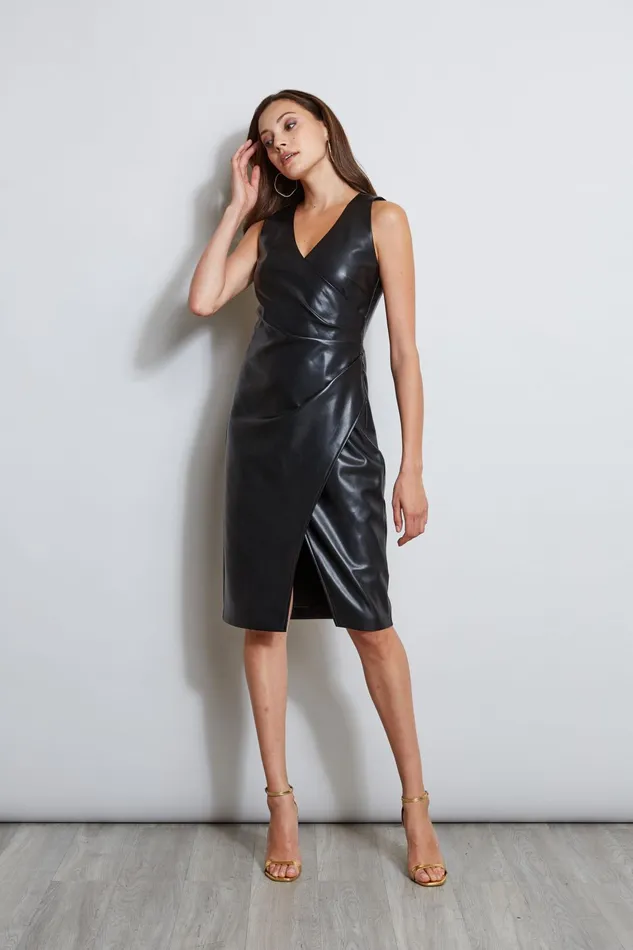 Outlet 8211 Women Dresses and Jumpsuits Elie Tahari Vegan Leather Ruched Wrap Dress Noir