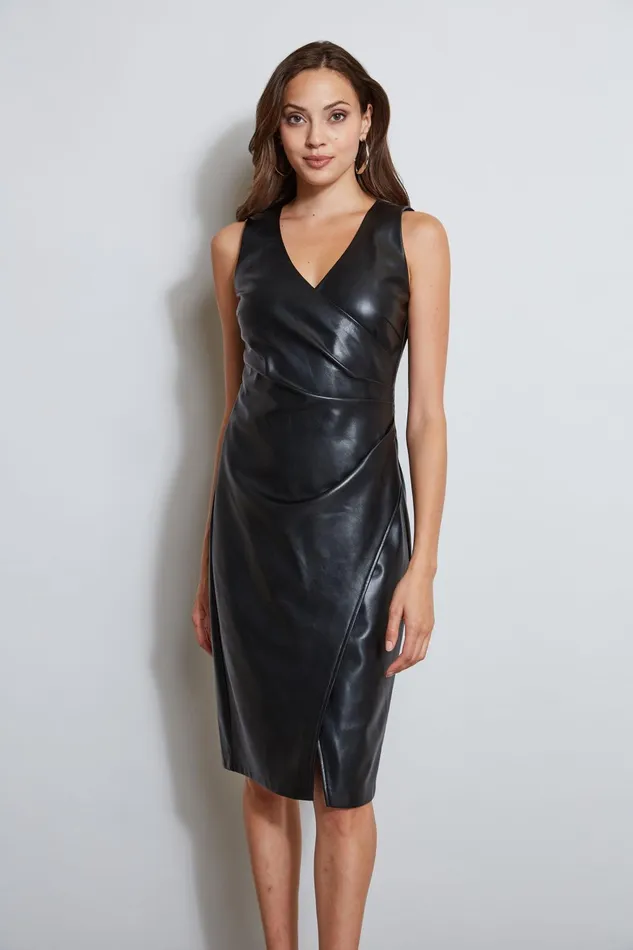 Outlet 8211 Women Dresses and Jumpsuits Elie Tahari Vegan Leather Ruched Wrap Dress Noir
