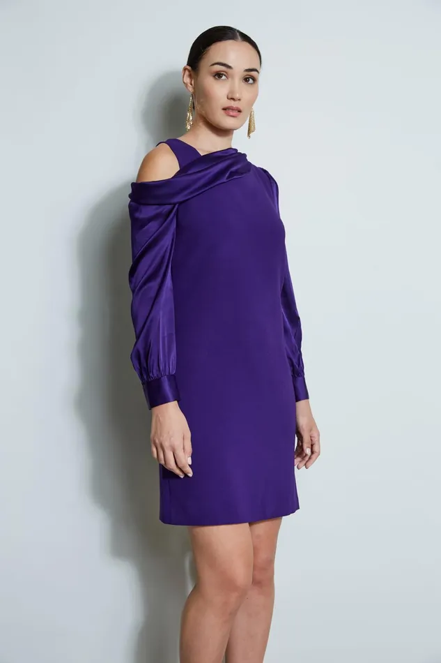 Outlet 8211 Women Long Sleeve Dresses Elie Tahari Draped Satin Shoulder Dress Winter Plum
