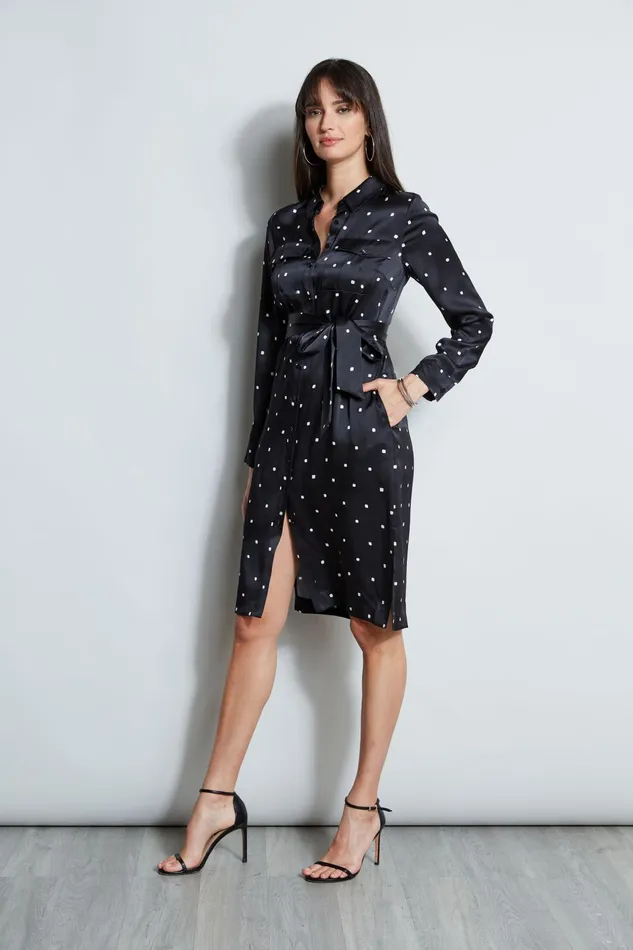 Outlet 8211 Women Long Sleeve Dresses Elie Tahari Silk Cube Dot Shirt Dress Blackfoam