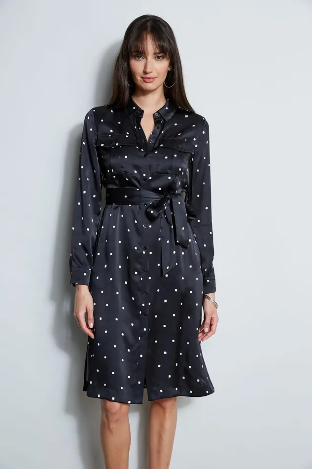 Outlet 8211 Women Long Sleeve Dresses Elie Tahari Silk Cube Dot Shirt Dress Blackfoam