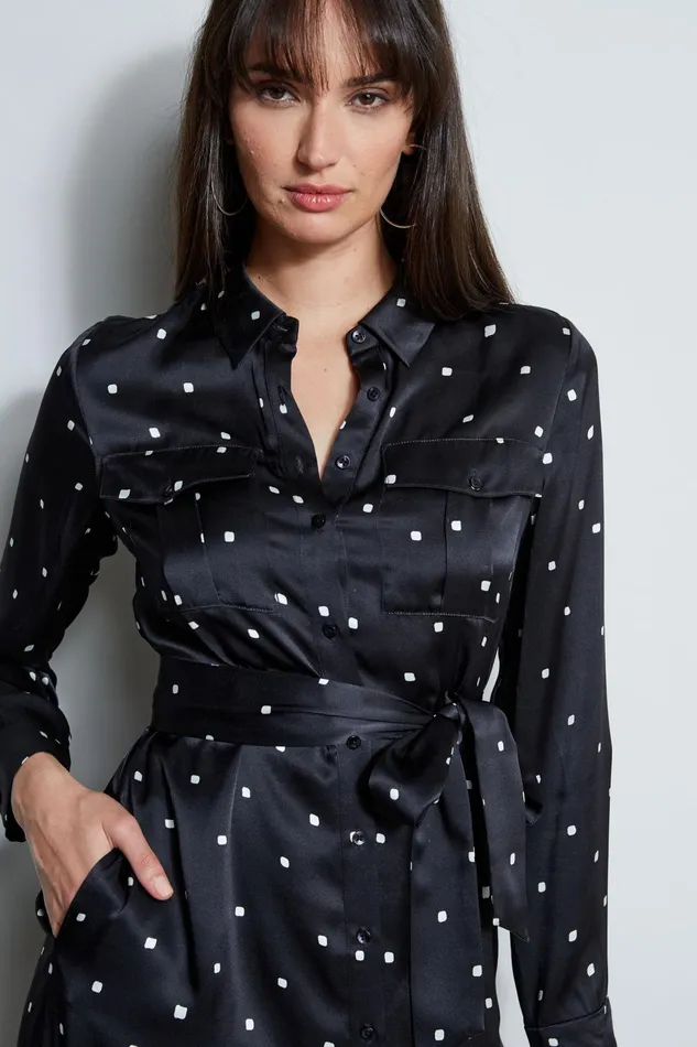 Outlet 8211 Women Long Sleeve Dresses Elie Tahari Silk Cube Dot Shirt Dress Blackfoam