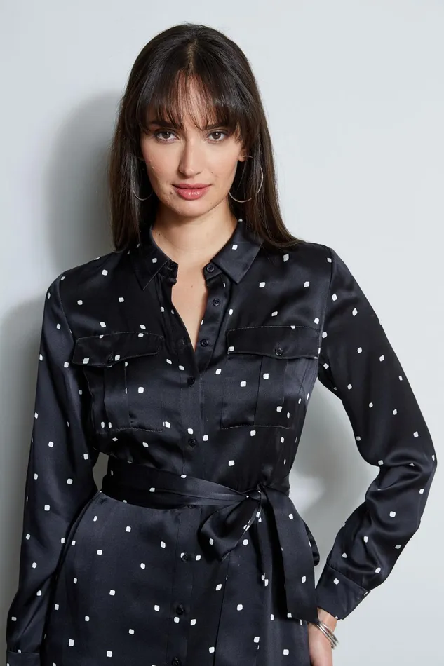 Outlet 8211 Women Long Sleeve Dresses Elie Tahari Silk Cube Dot Shirt Dress Blackfoam