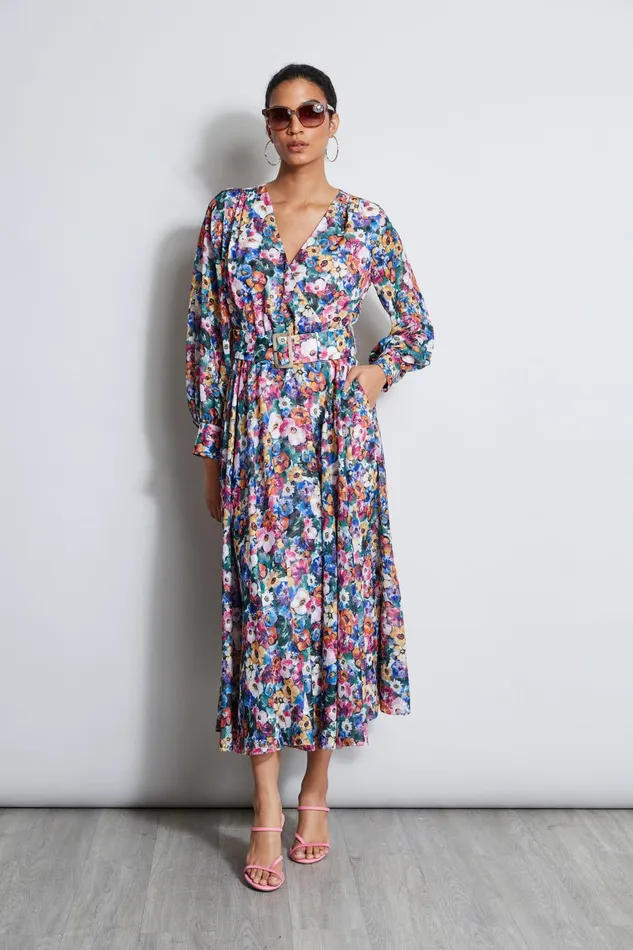 Outlet 8211 Women Midi Dresses Elie Tahari Long Sleeve Floral Belted Dress Camellia Floral