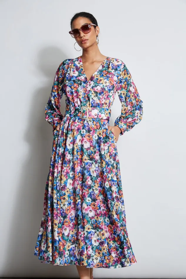 Outlet 8211 Women Midi Dresses Elie Tahari Long Sleeve Floral Belted Dress Camellia Floral