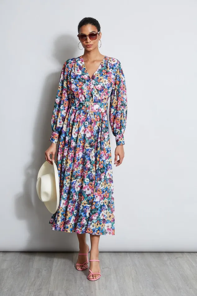Outlet 8211 Women Midi Dresses Elie Tahari Long Sleeve Floral Belted Dress Camellia Floral