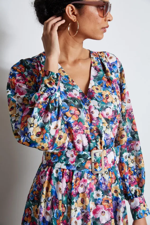 Outlet 8211 Women Midi Dresses Elie Tahari Long Sleeve Floral Belted Dress Camellia Floral