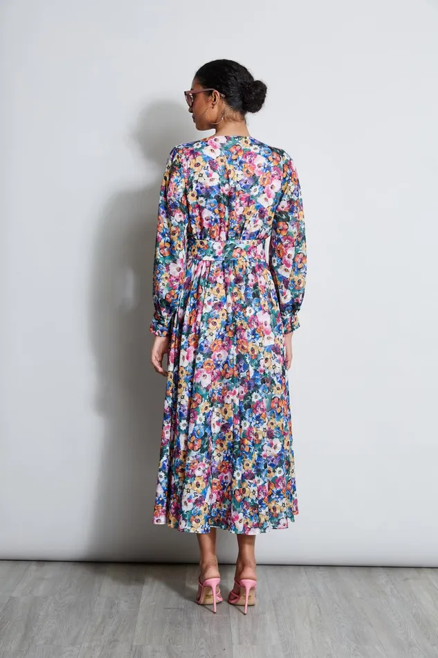Outlet 8211 Women Midi Dresses Elie Tahari Long Sleeve Floral Belted Dress Camellia Floral