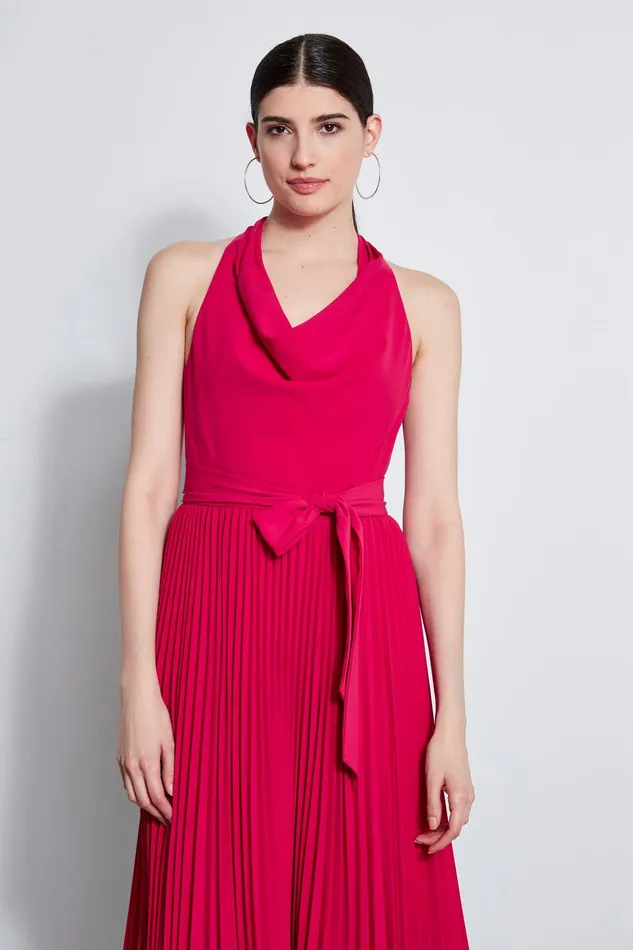 Outlet 8211 Women Short Dresses Elie Tahari Pleated Cowl Midi Dress Cyclamen