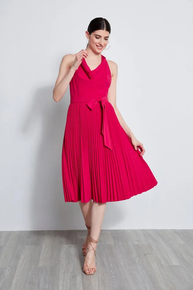 Outlet 8211 Women Short Dresses Elie Tahari Pleated Cowl Midi Dress Cyclamen