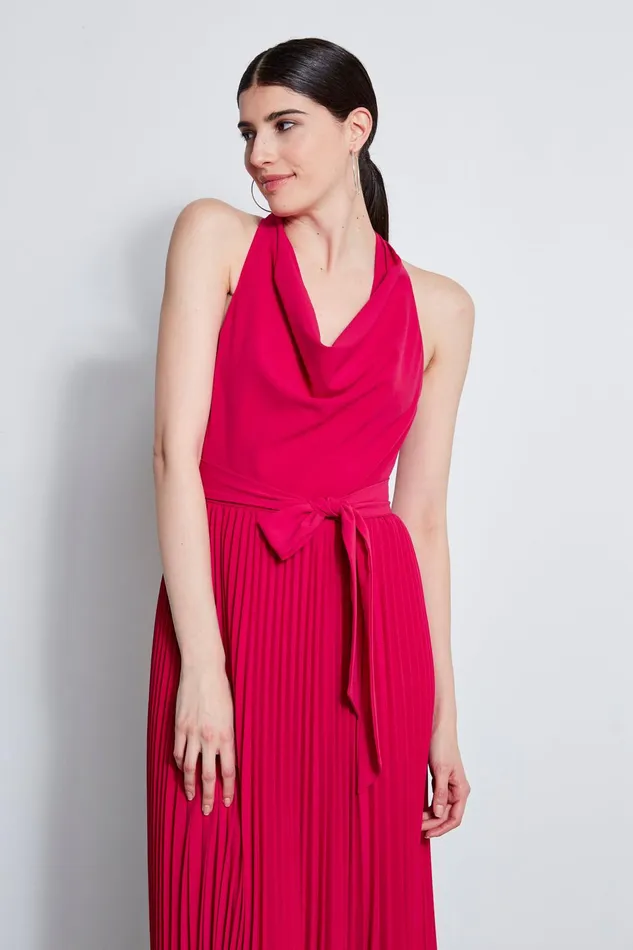Outlet 8211 Women Short Dresses Elie Tahari Pleated Cowl Midi Dress Cyclamen