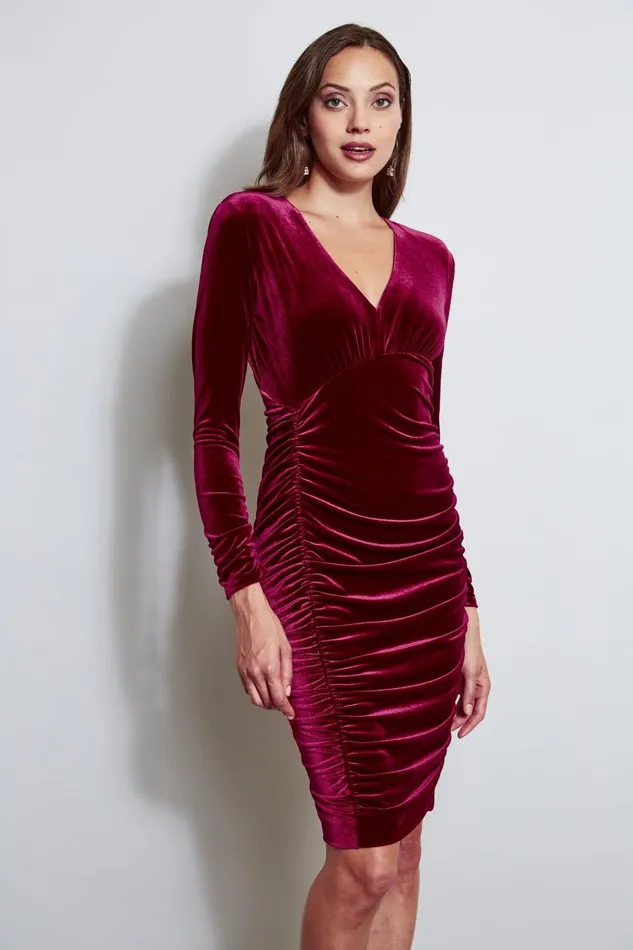 Outlet 8211 Women Short Dresses Elie Tahari VNeck Ruched Velvet Dress Bordeaux