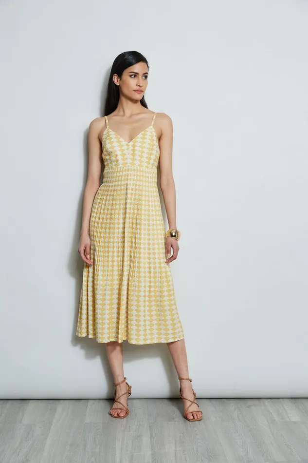 Outlet 8211 Women Sleeveless Dresses Elie Tahari Diamond Soft Pleat Midi Dress Cape Diamond Arch Print