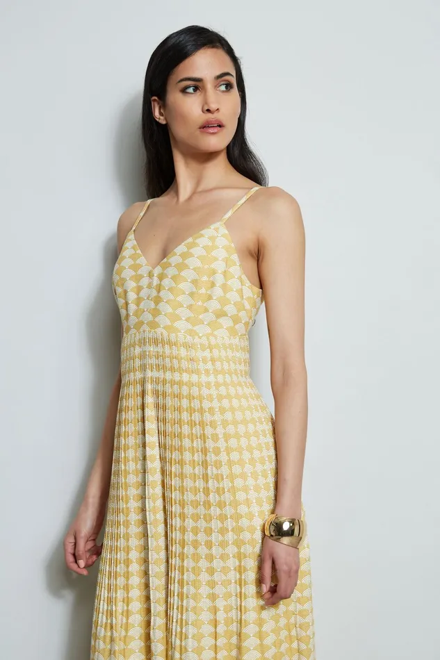 Outlet 8211 Women Sleeveless Dresses Elie Tahari Diamond Soft Pleat Midi Dress Cape Diamond Arch Print