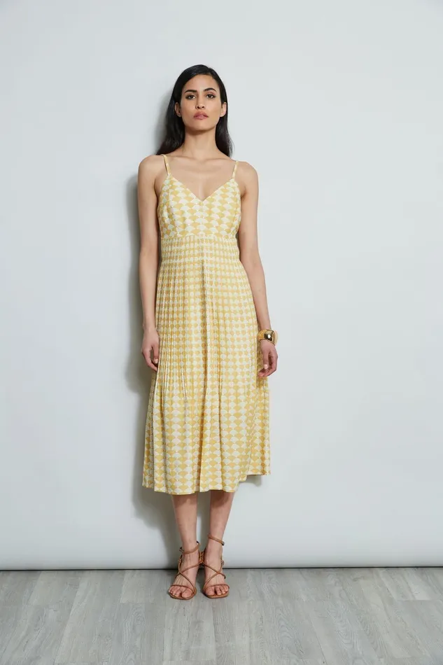 Outlet 8211 Women Sleeveless Dresses Elie Tahari Diamond Soft Pleat Midi Dress Cape Diamond Arch Print