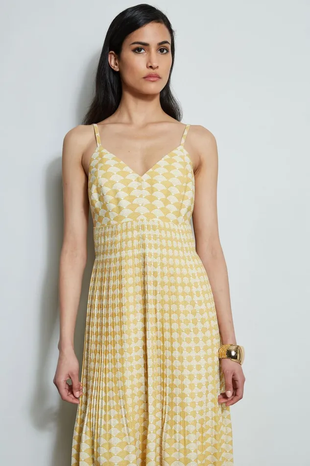 Outlet 8211 Women Sleeveless Dresses Elie Tahari Diamond Soft Pleat Midi Dress Cape Diamond Arch Print