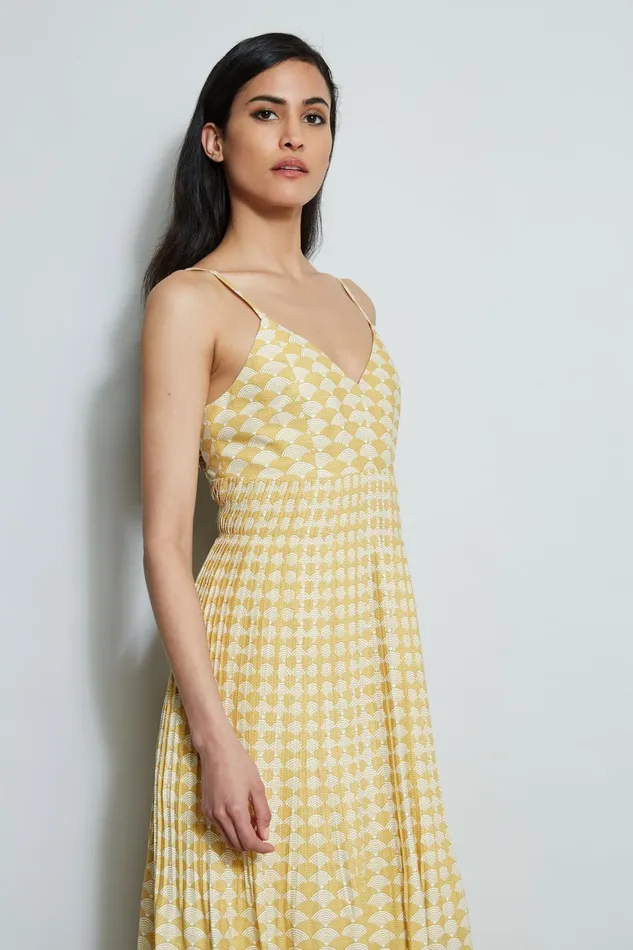 Outlet 8211 Women Sleeveless Dresses Elie Tahari Diamond Soft Pleat Midi Dress Cape Diamond Arch Print