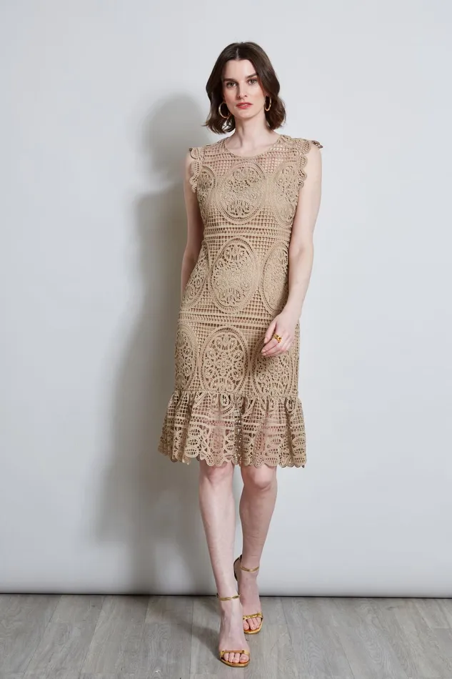 Outlet 8211 Women Sleeveless Dresses Elie Tahari Mosaic Lace Dress Sandcastle