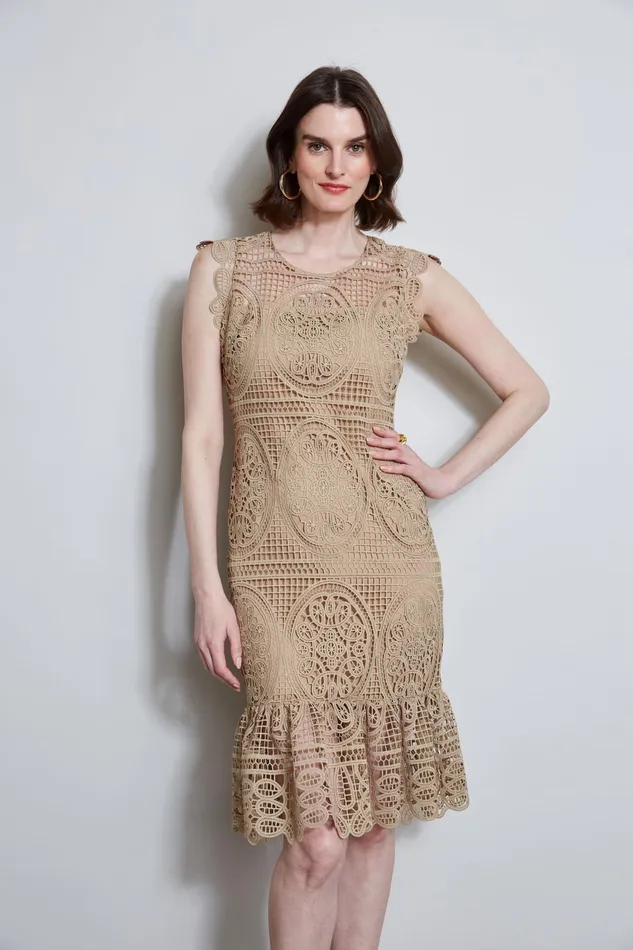 Outlet 8211 Women Sleeveless Dresses Elie Tahari Mosaic Lace Dress Sandcastle