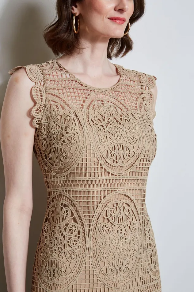 Outlet 8211 Women Sleeveless Dresses Elie Tahari Mosaic Lace Dress Sandcastle
