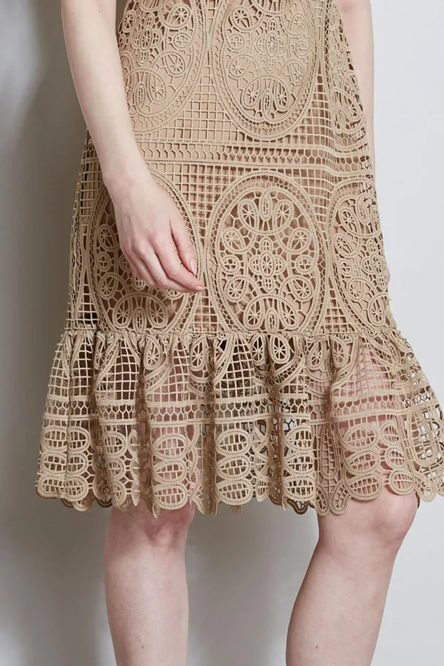 Outlet 8211 Women Sleeveless Dresses Elie Tahari Mosaic Lace Dress Sandcastle